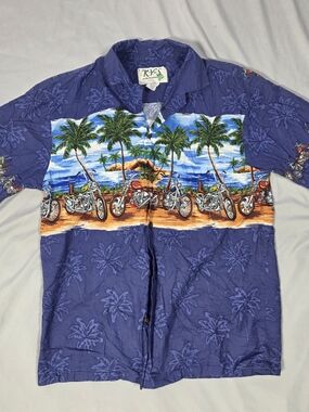 Vintage KY'S Made in Hawaii Men's Hawaiian Size S Palm Tree Motorcycle Cotton